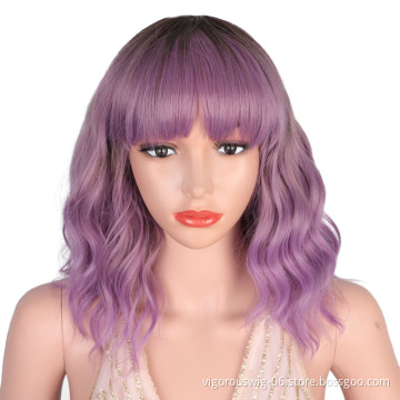 Fashion Factory Top Quality Ombre Black Purple Glueless Short Curly Marly With Bang Synthetic Hair Bob Wig